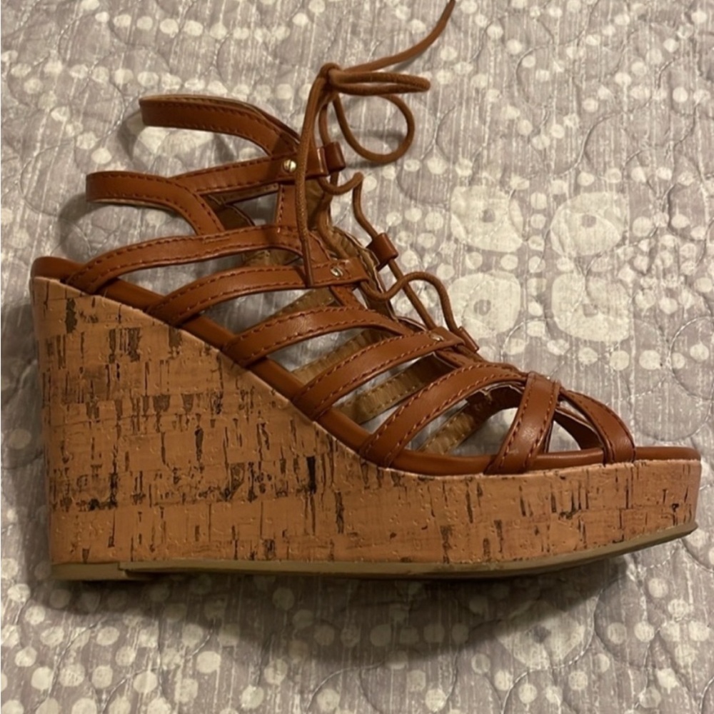 Brash Slayy Brown Cognac Wedges with Cork Heel and Gladiator Straps